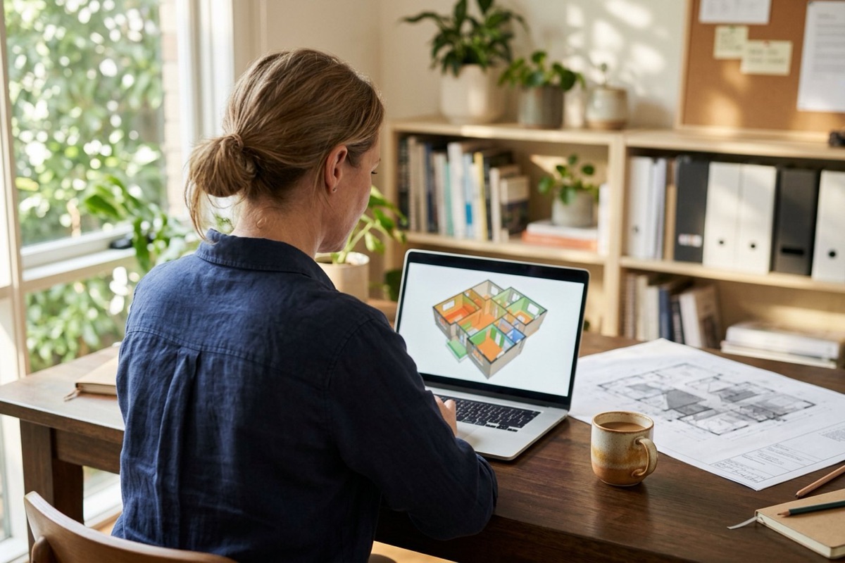 An energy assessor at a desk reviewing an abstract 3D floor-plan model of a house on a laptop