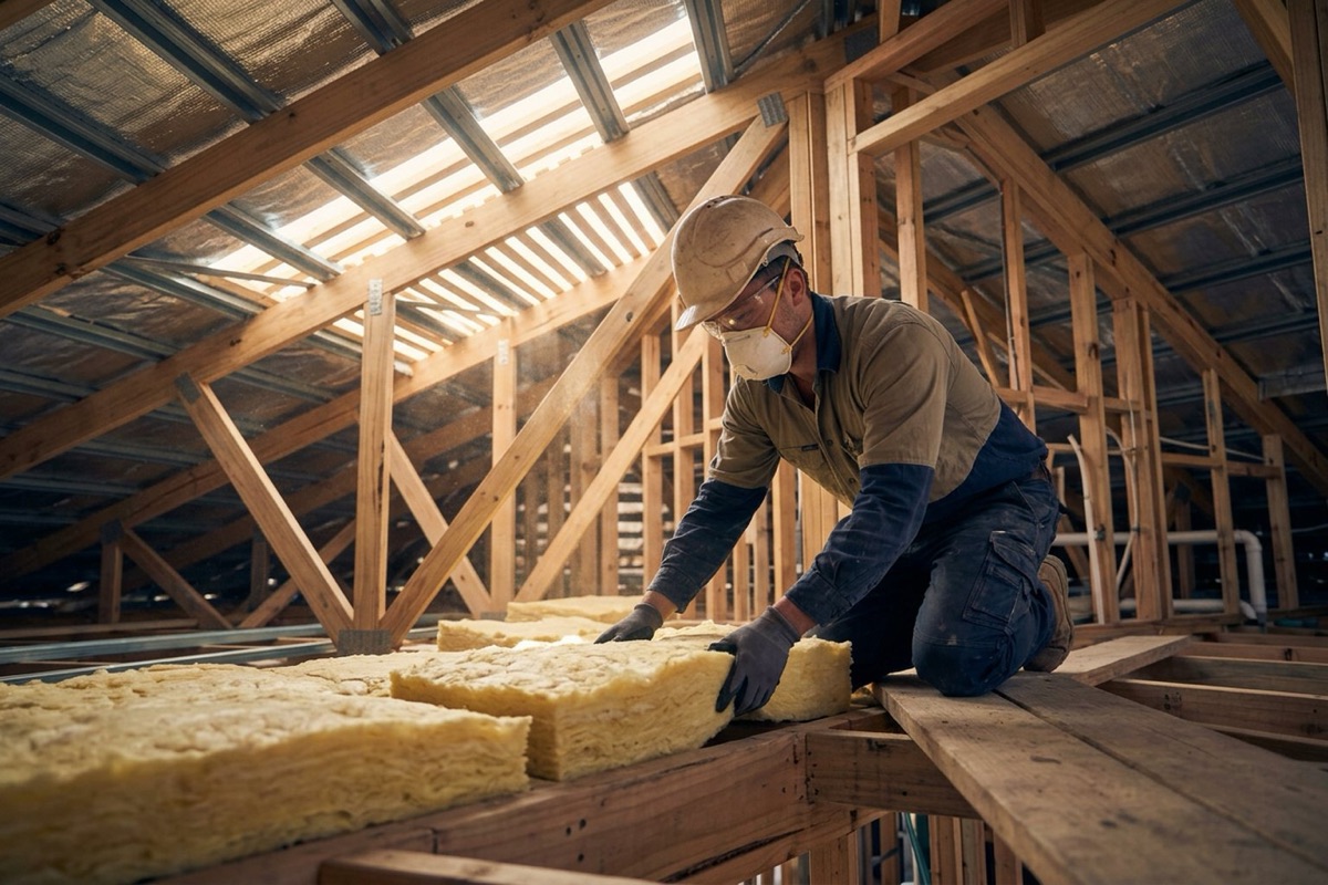 A builder in a hard hat and hi-vis fitting ceiling insulation batts in a timber-framed roof space