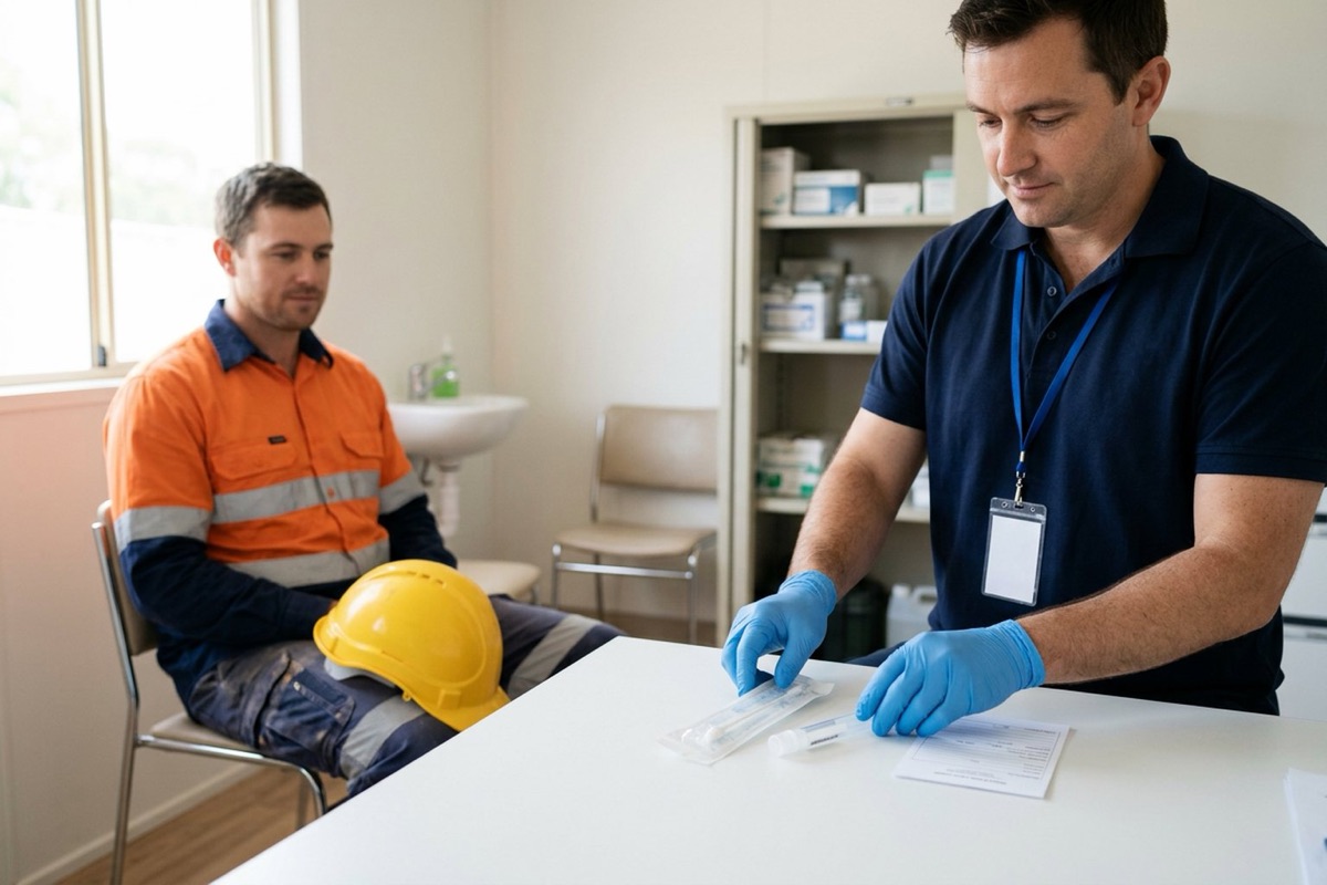 A collector in a clean site first-aid room preparing a sealed oral fluid test kit at a table while a worker waits calmly