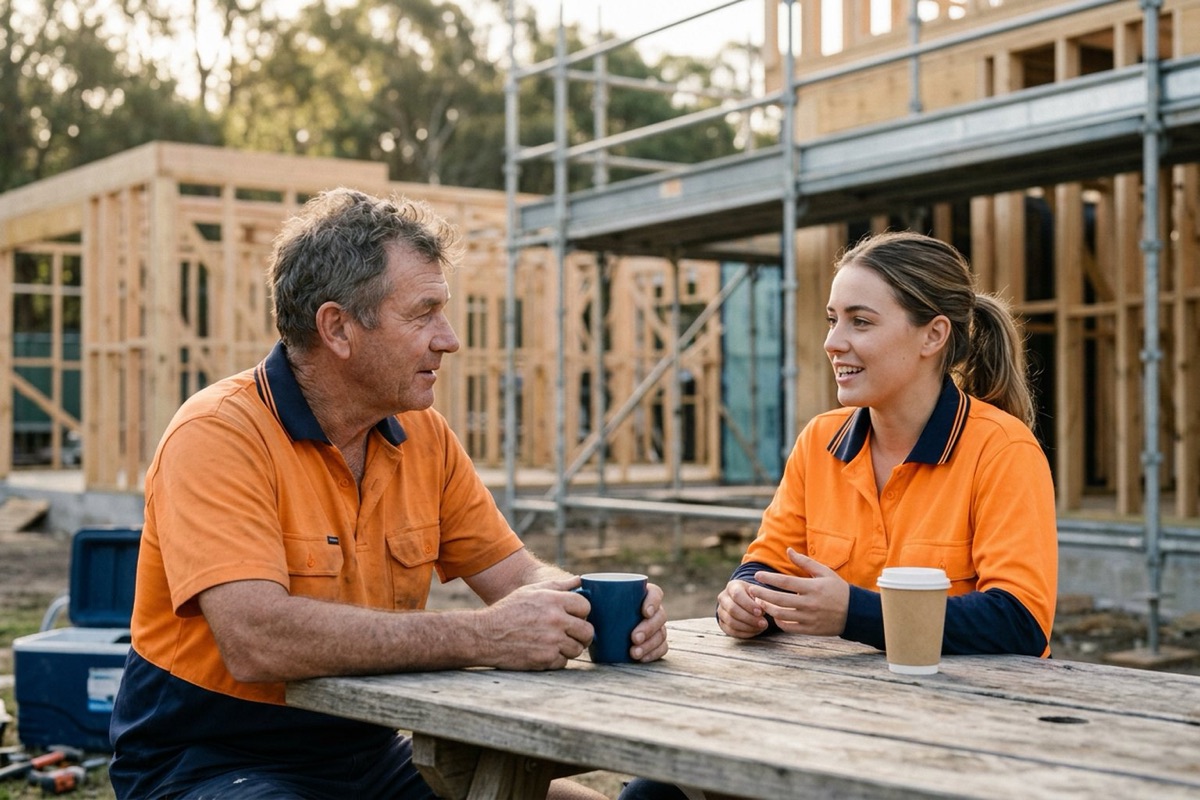 Two tradespeople in hi-vis talking over coffee at a smoko table on a residential site, one listening closely