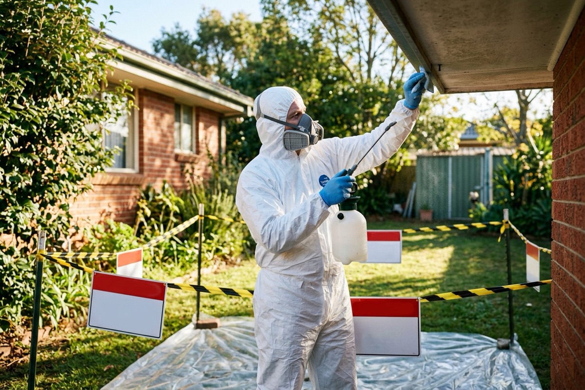 A worker in disposable coveralls and a half-face respirator wetting down an asbestos cement sheet before unscrewing it by hand