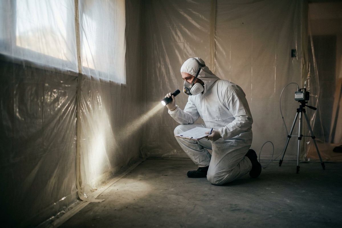 An asbestos assessor in protective coveralls carrying out a visual clearance inspection of a sheeted room with a torch