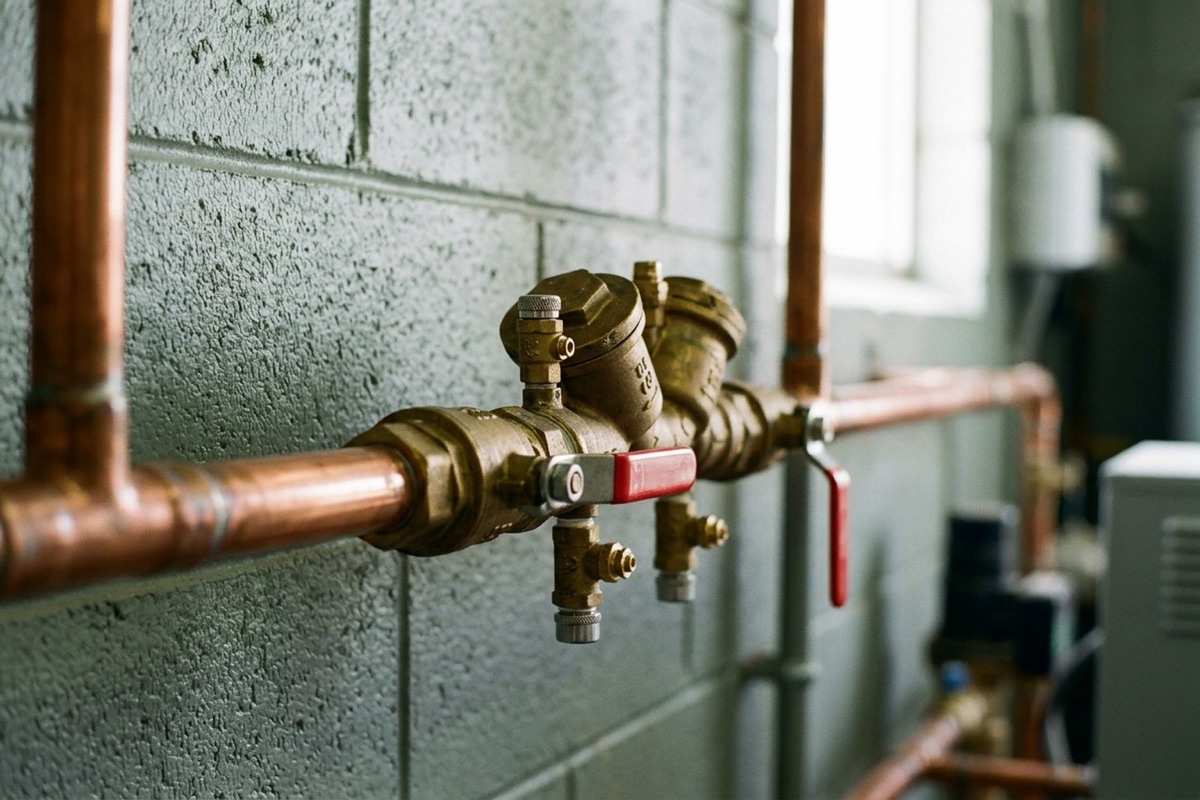 Close detail of a double check valve assembly with isolating valves and test cocks on a copper water service