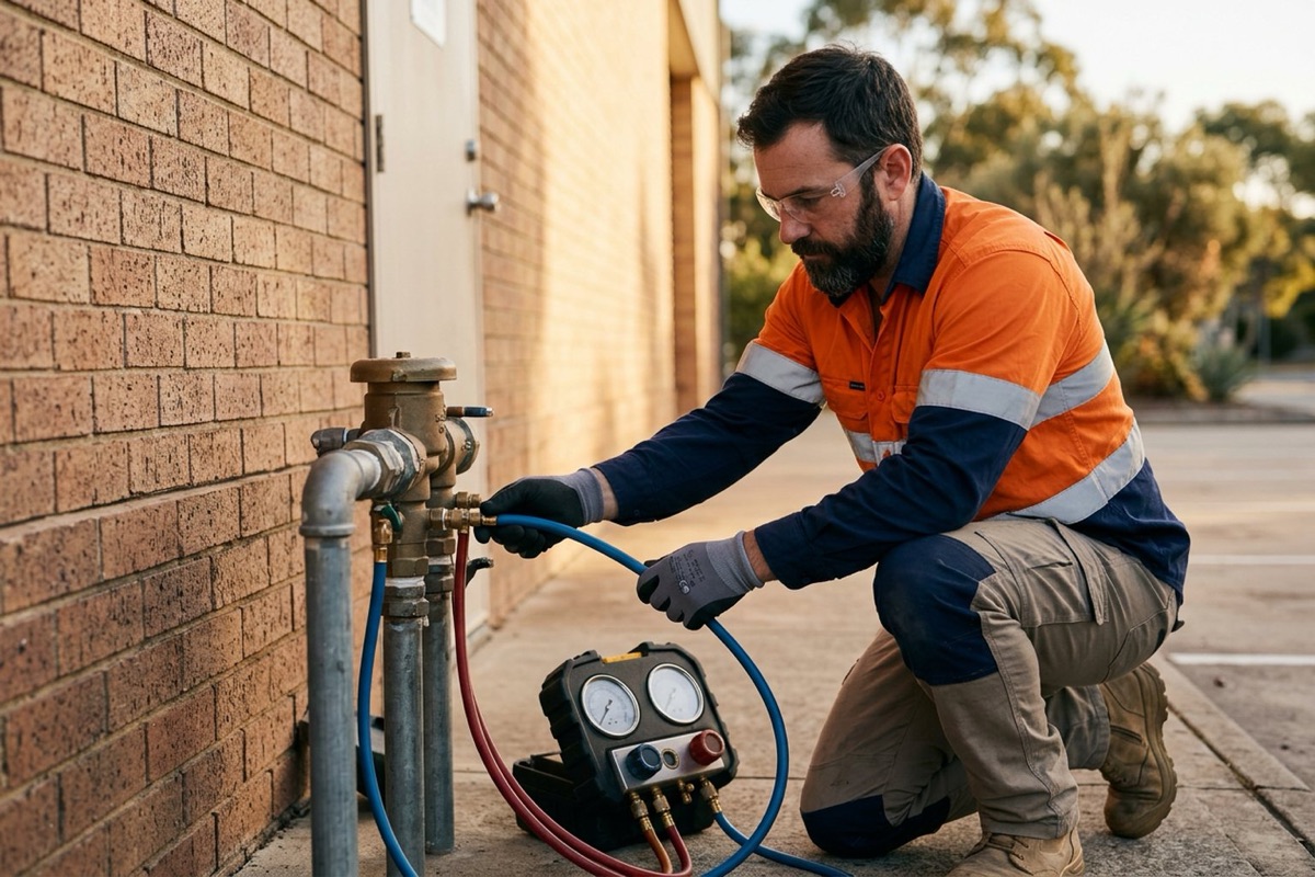 A plumber attaching a calibrated differential pressure test kit to a backflow device at a commercial building