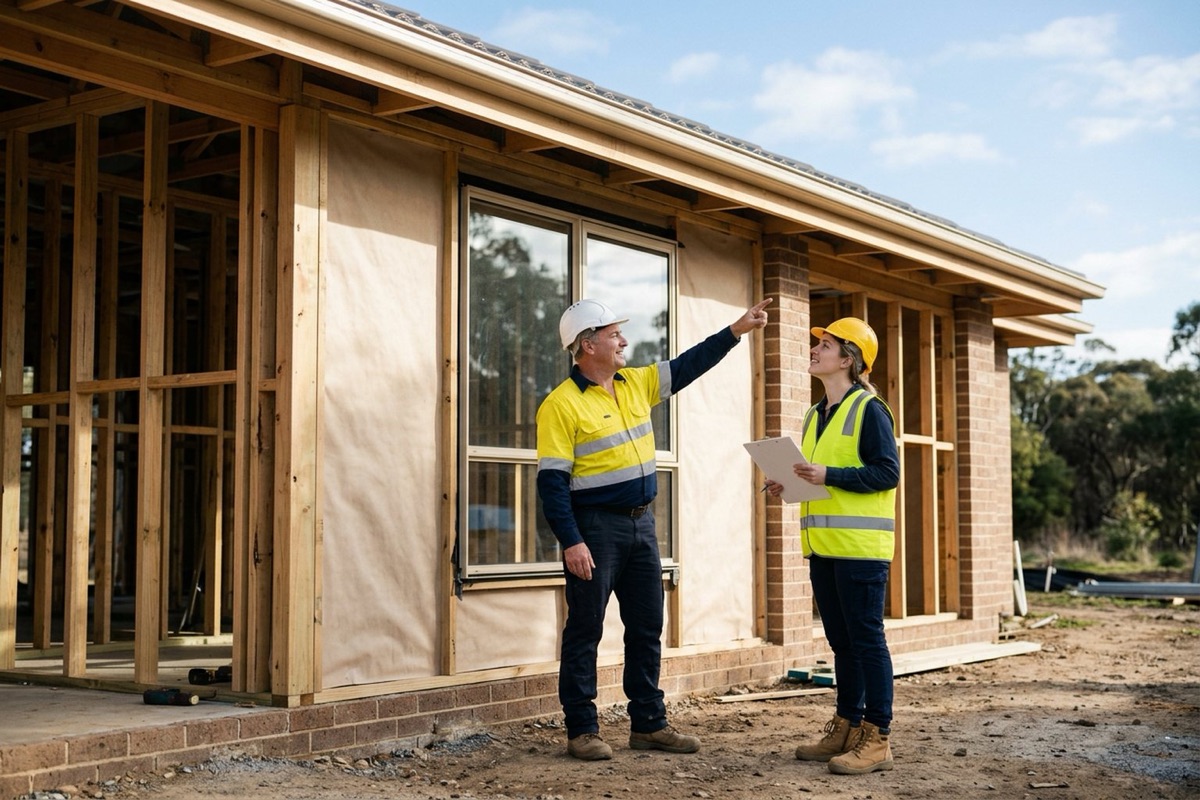 A NatHERS assessor and a site supervisor in hi-vis inspecting double-glazed windows and eaves on a newly framed NSW home