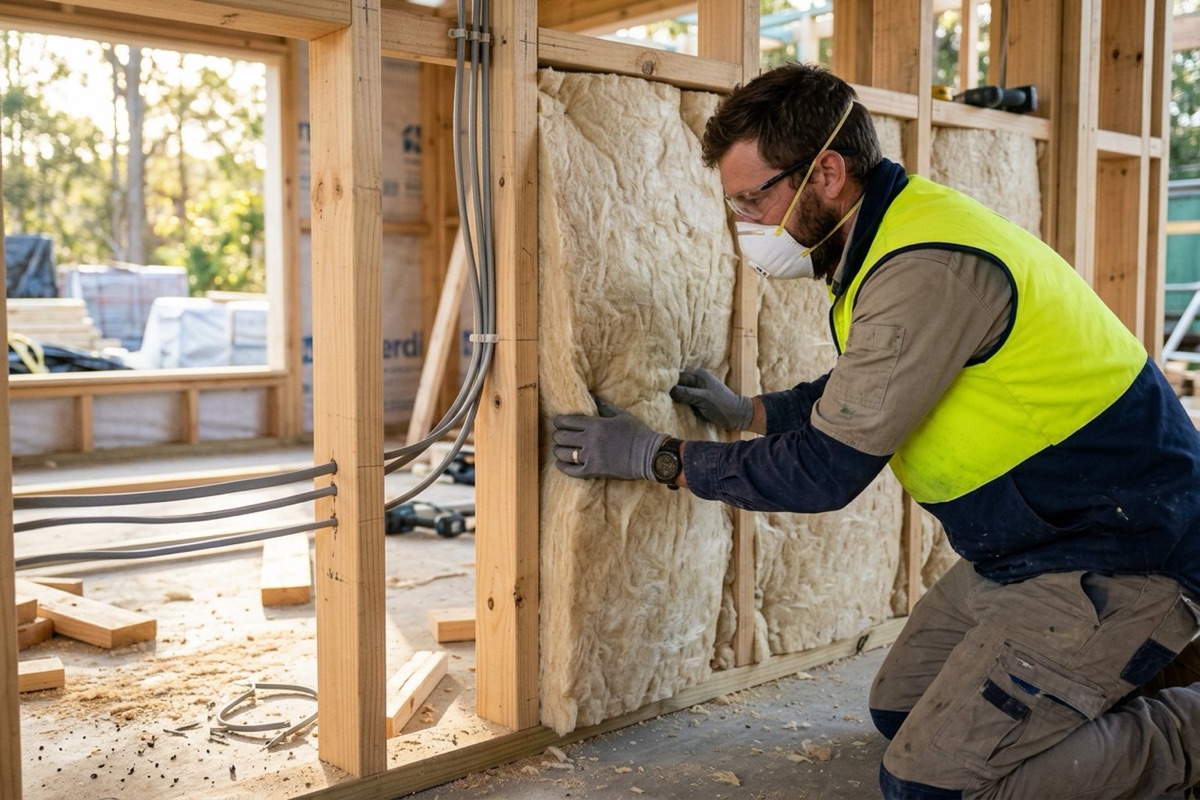 A builder wearing gloves, safety glasses and hi-vis installing wall insulation batts between timber studs in a new home