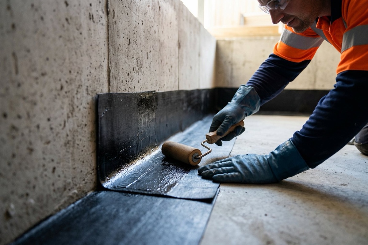 Close-up of a waterproofer sealing a lap in a sheet membrane at the base of a basement wall