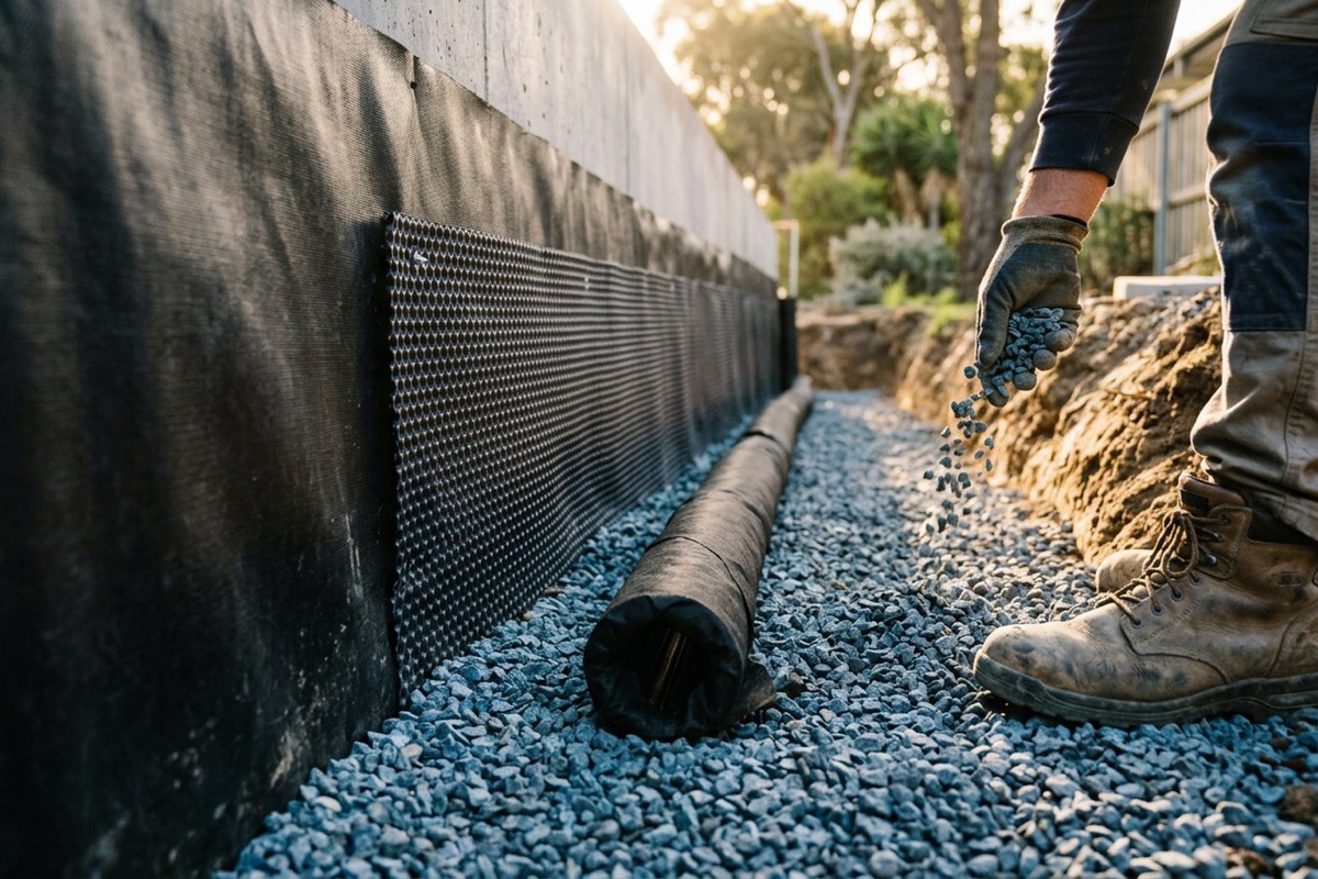 A drainage cell layer and slotted ag pipe installed against the base of a waterproofed retaining wall