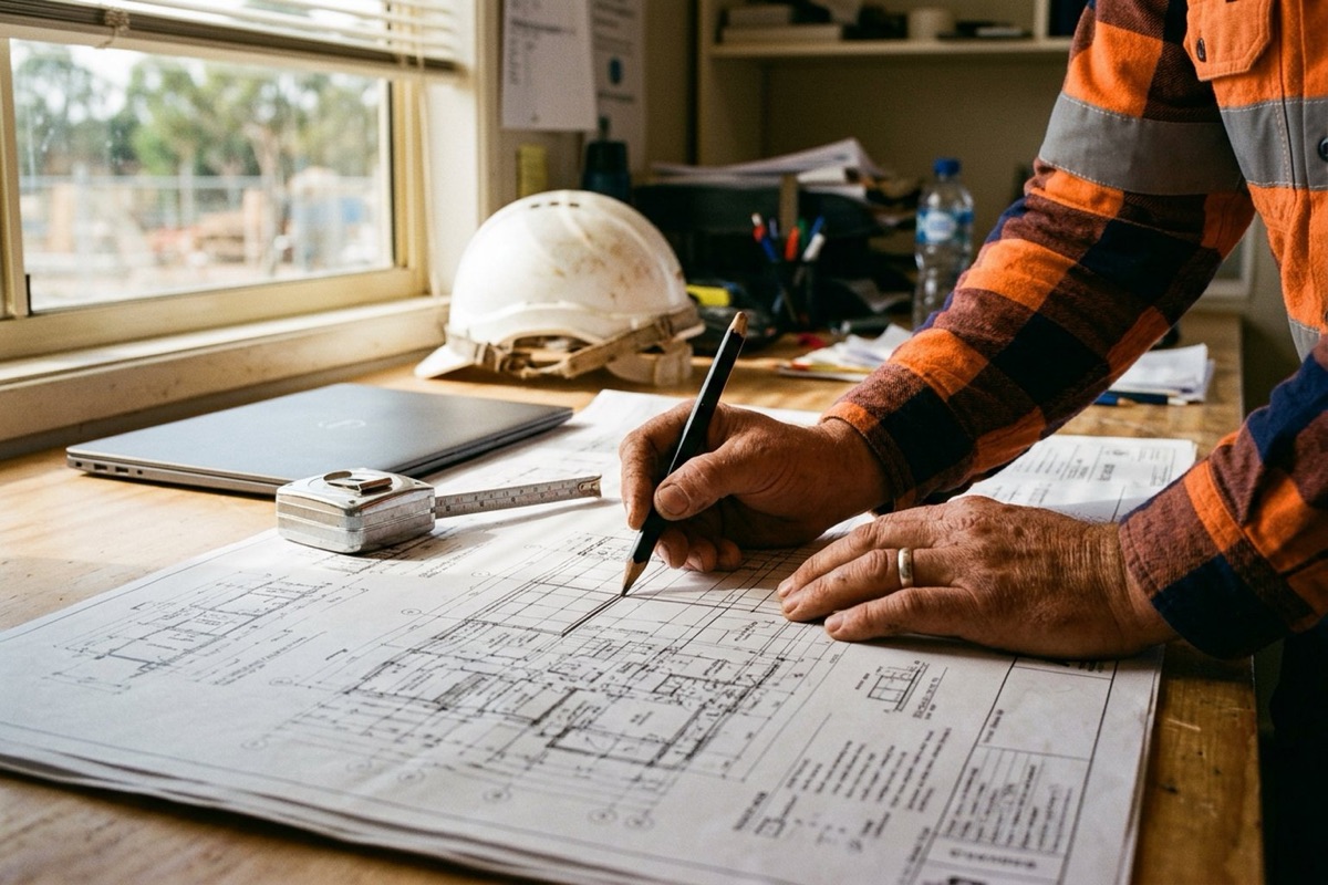 Close detail of a builder's hand marking up architectural plans with a pencil beside a laptop and a tape measure on a site office desk, plans showing only illegible linework