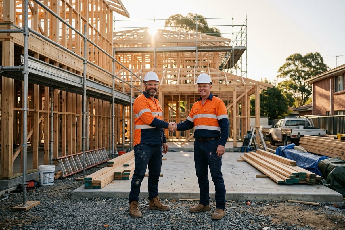 A builder and a subcontractor in hard hats and hi-vis shaking hands on a timber-framed house site after agreeing terms, late afternoon sun behind them