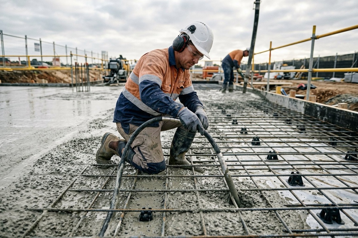 A concreter compacting a fresh slab pour with a vibrator beside close-spaced reinforcement on bar chairs