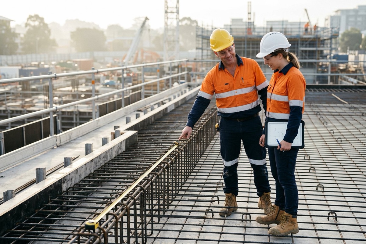A site supervisor and an engineer checking reinforcement and bar chairs against drawings on a tablet before a slab pour