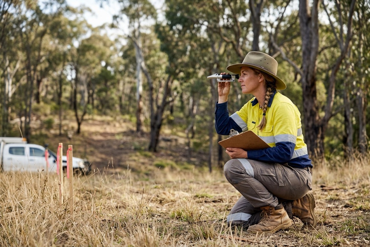 A bushfire consultant measuring slope toward eucalypt woodland at the edge of a house site