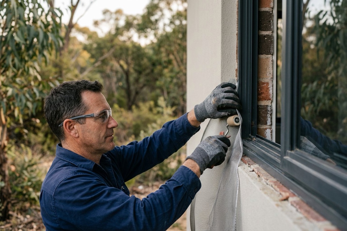 A builder fitting fine stainless steel ember mesh to a window of a new home near bushland