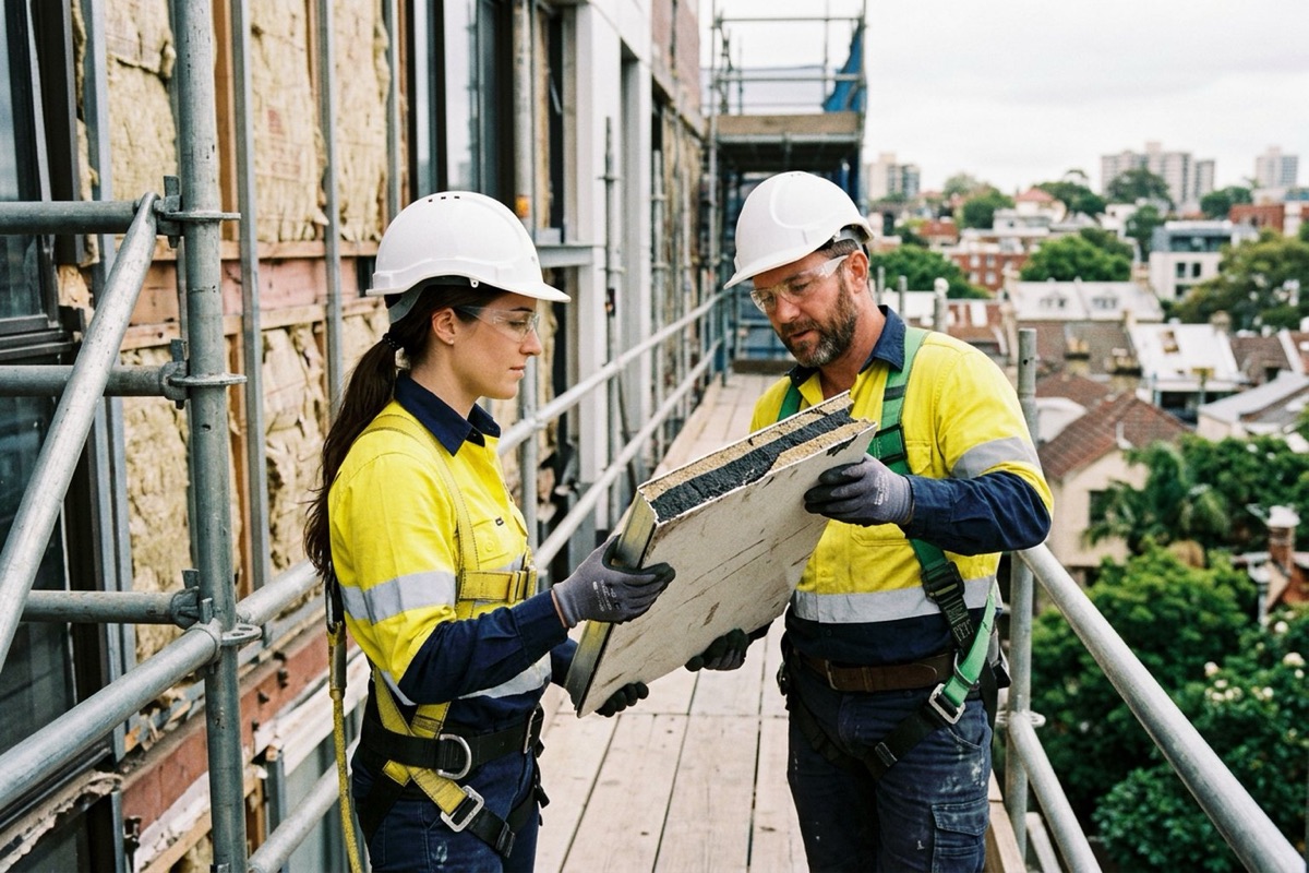 A facade engineer and a builder inspecting a cut sample of an external wall system on a scaffold deck