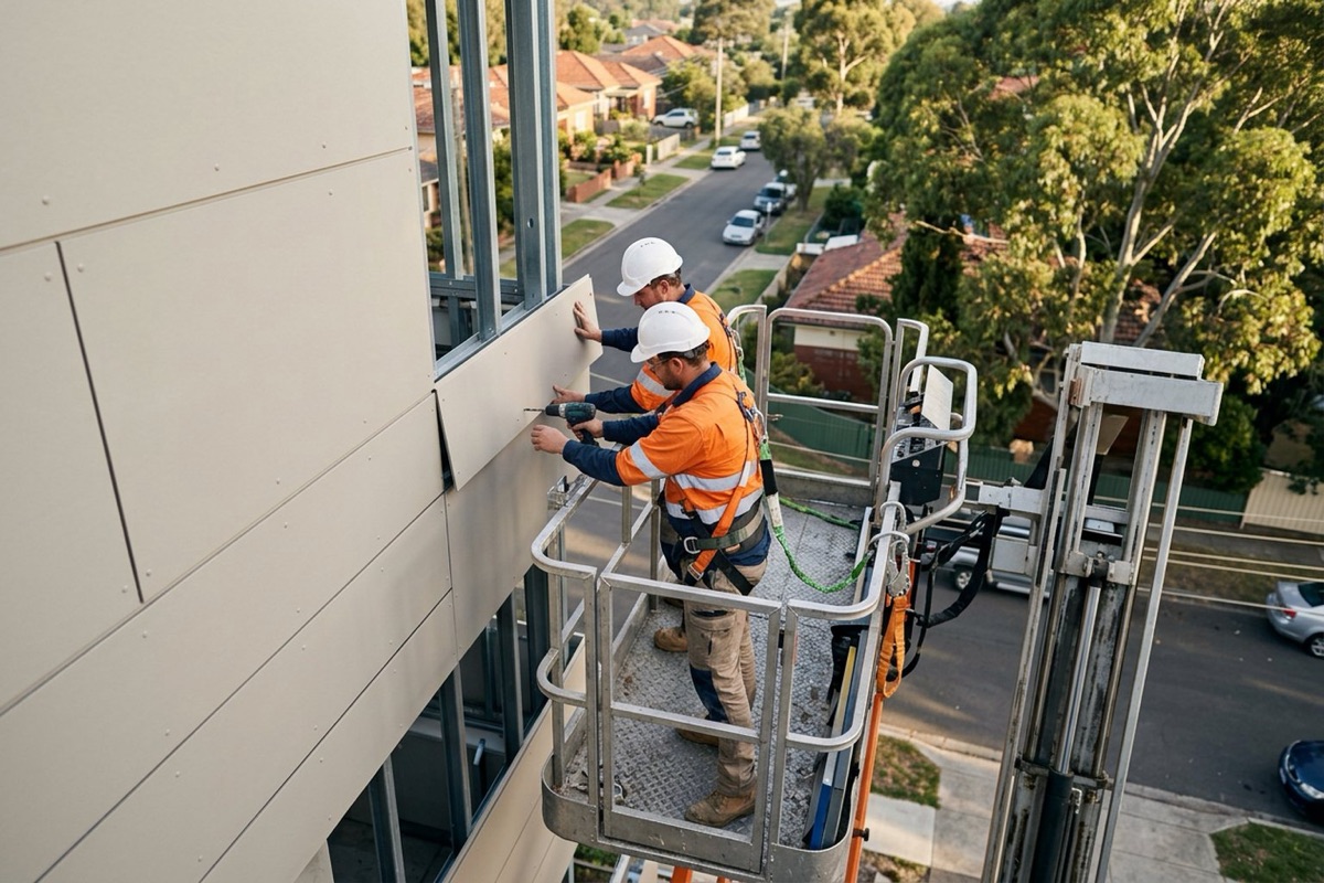 Workers in an elevating work platform installing new fibre cement facade panels on an apartment building