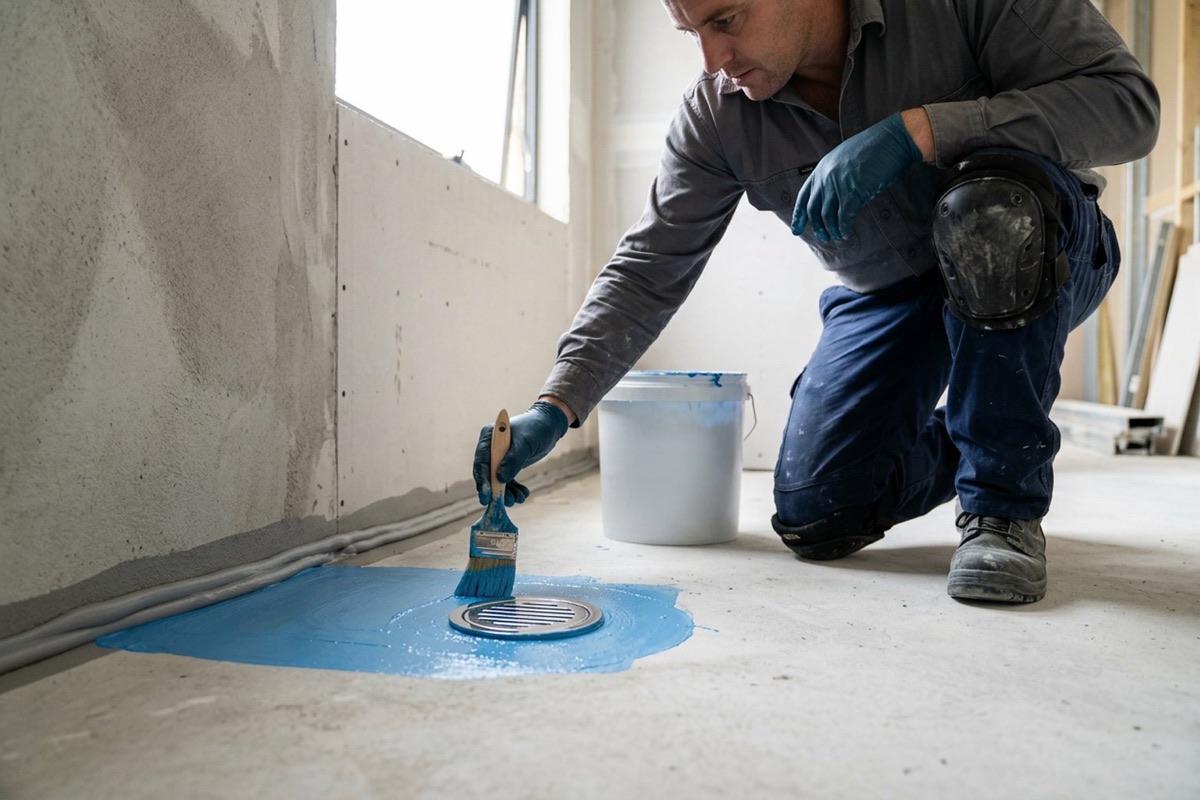 A waterproofer applying a liquid membrane around a recessed floor waste in a new bathroom