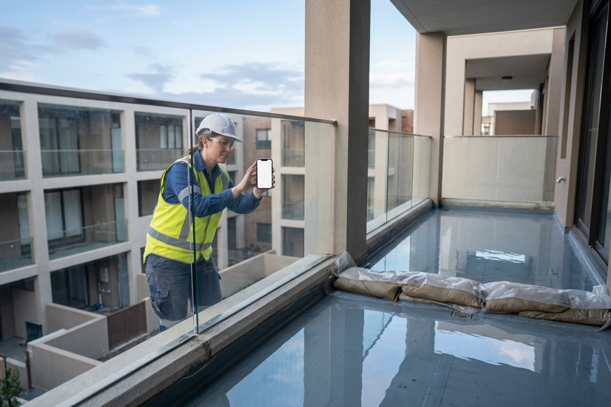 A building surveyor photographing a flood test on a newly membraned apartment balcony
