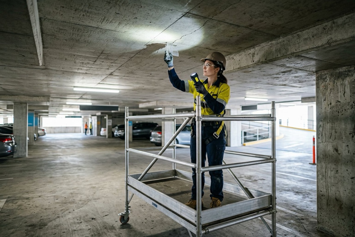 A structural engineer measuring a crack in a concrete soffit with a crack-width gauge while standing on a mobile scaffold