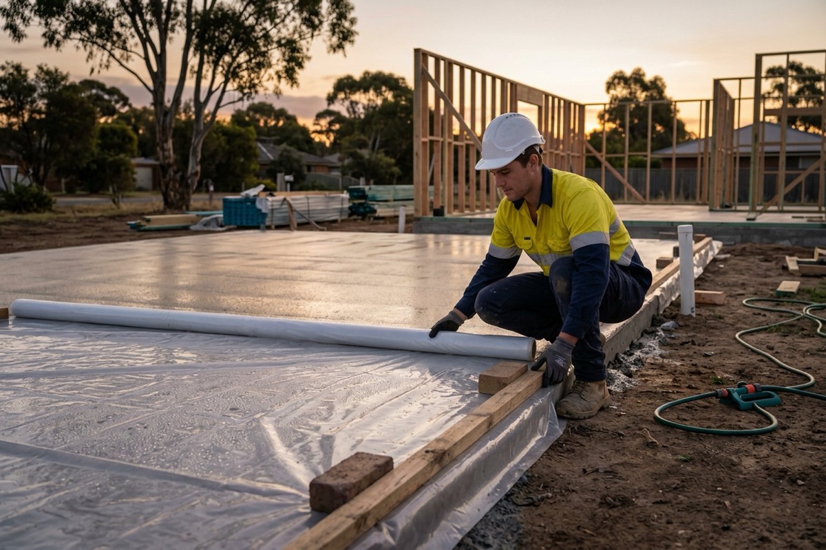 A concreter in gloves and boots laying plastic curing sheets over a new house slab at dusk