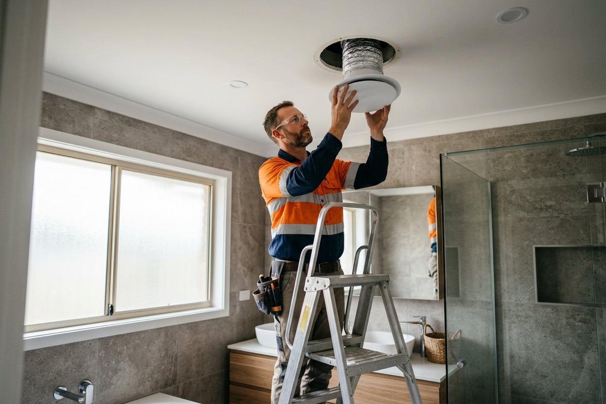 An electrician on a stable platform ladder fitting a ducted exhaust fan in a new bathroom ceiling