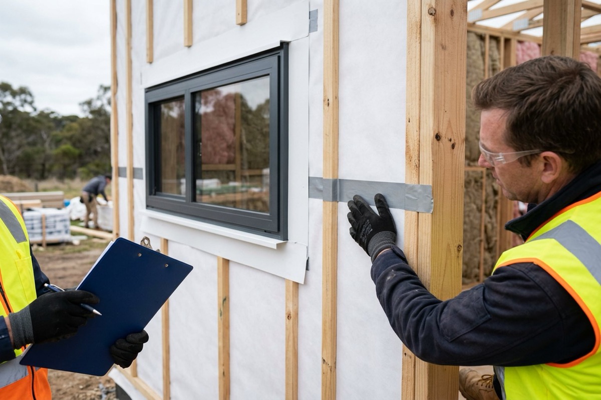 A building inspector checking taped wall wrap laps and cavity battens around a window opening before cladding
