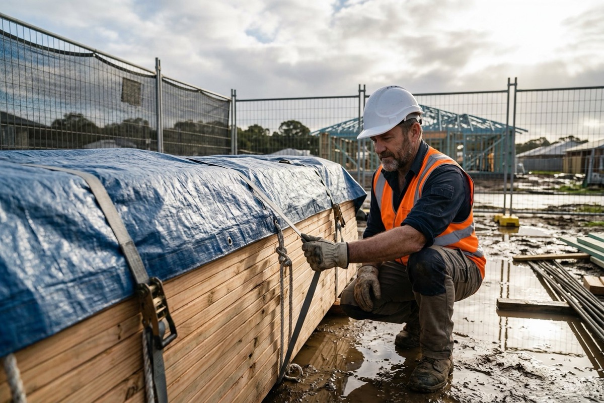 A site supervisor in a hard hat inspecting stacked framing timber under a secured tarpaulin on a residential building site after a storm, wet ground glistening in the morning sun
