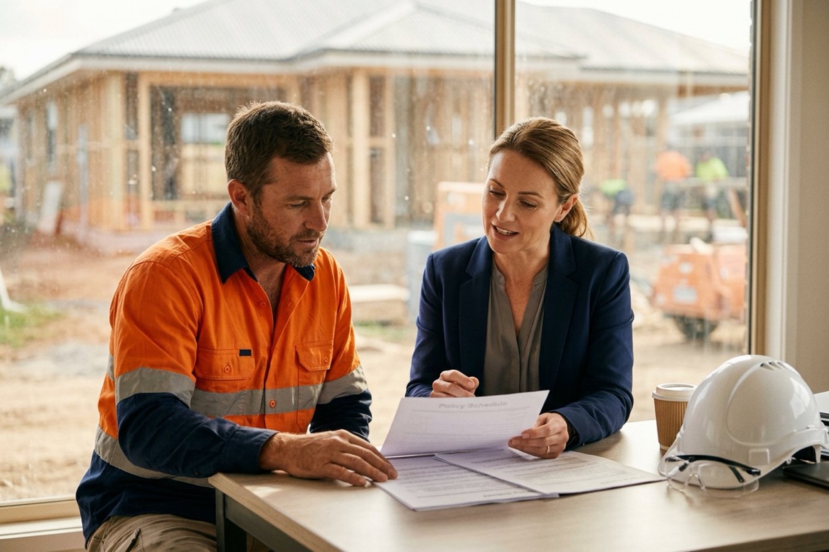 A builder and an insurance broker reviewing a policy schedule together at a site office table, papers blank and illegible, hard hat resting beside them