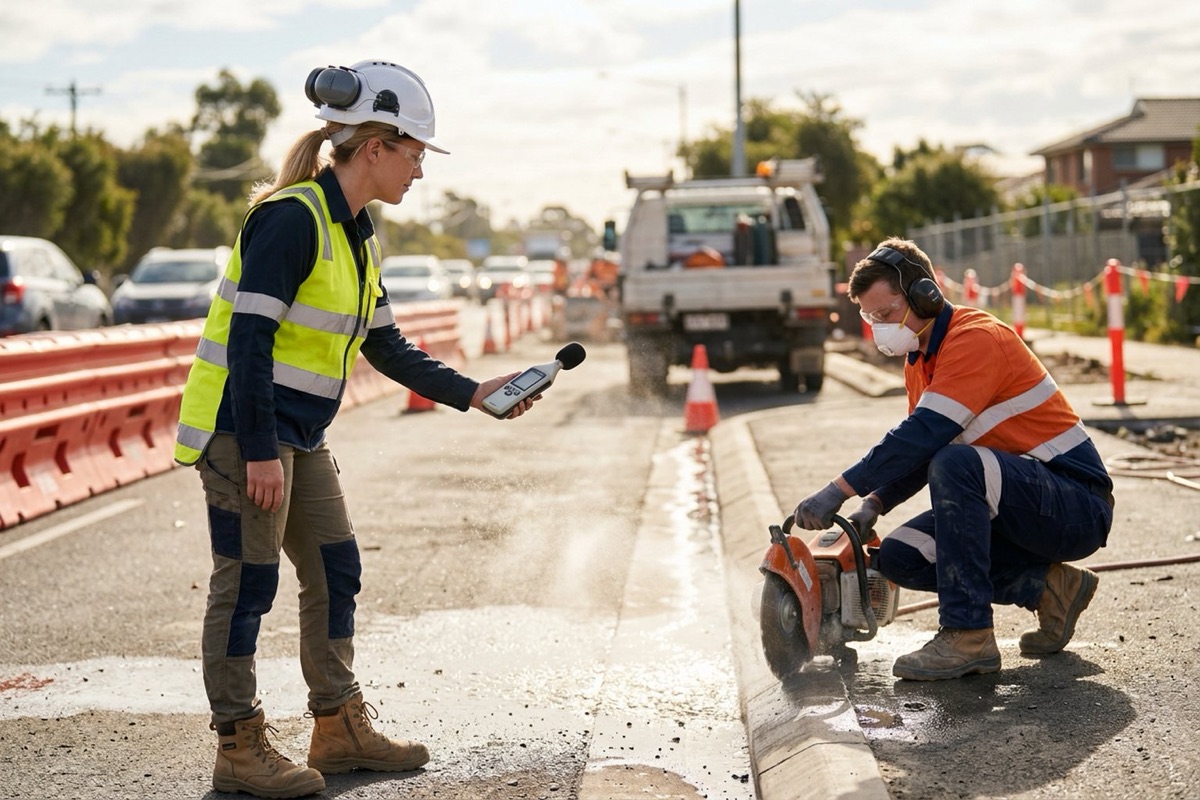 A site supervisor holding a sound level meter near a concrete saw while the operator wears earmuffs