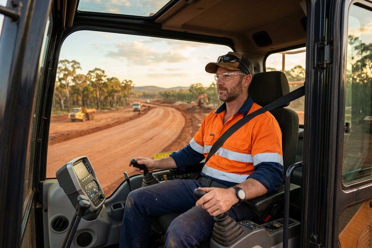 An excavator operator on a suspension seat inside the cab on a smoothed haul road