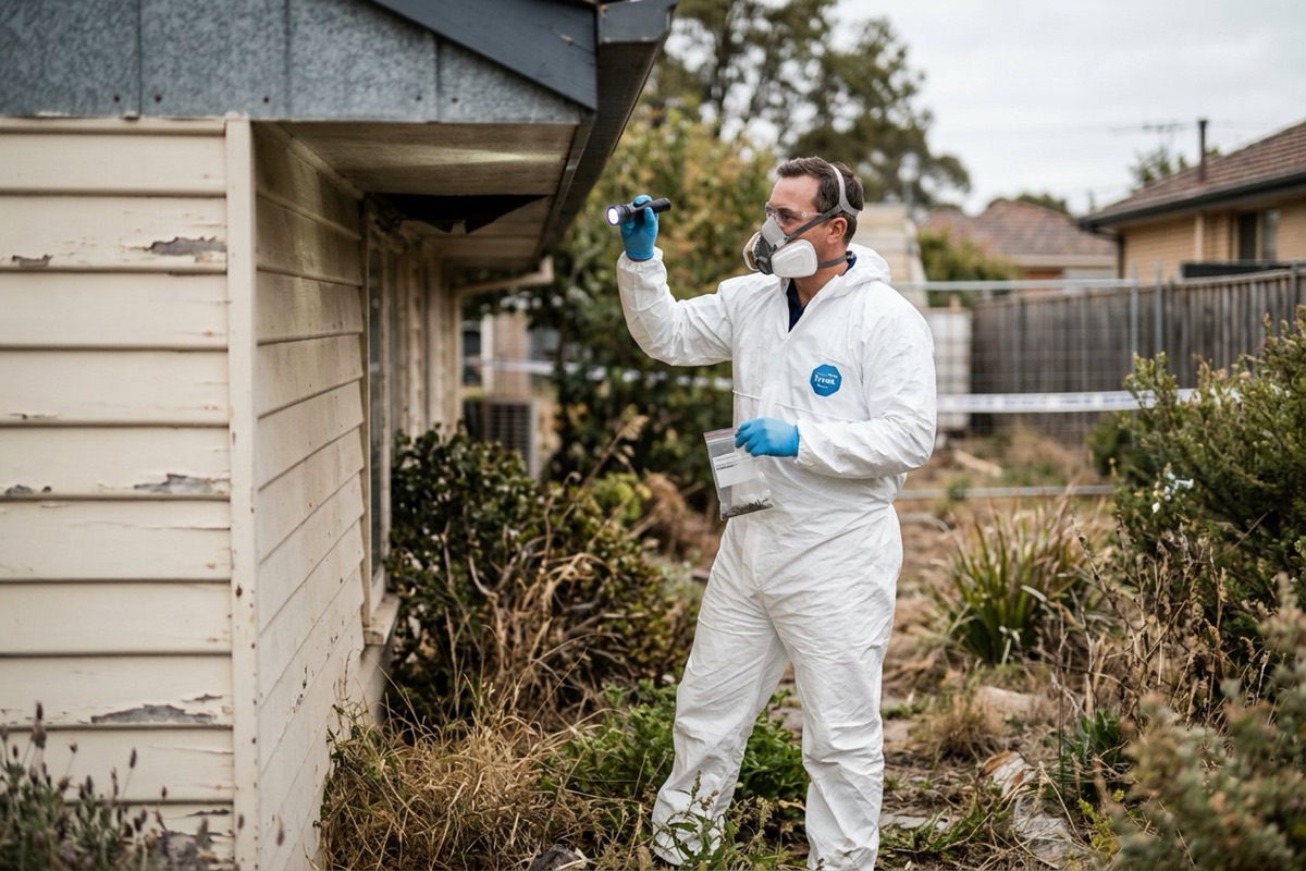 A licensed asbestos assessor in protective clothing inspecting eaves of an old house before demolition