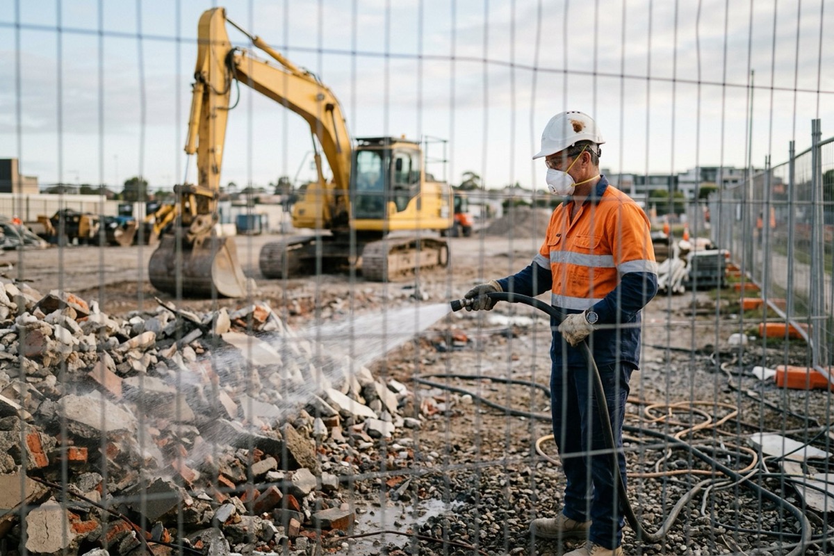 A demolition crew member hosing water onto rubble to suppress dust behind a site barrier