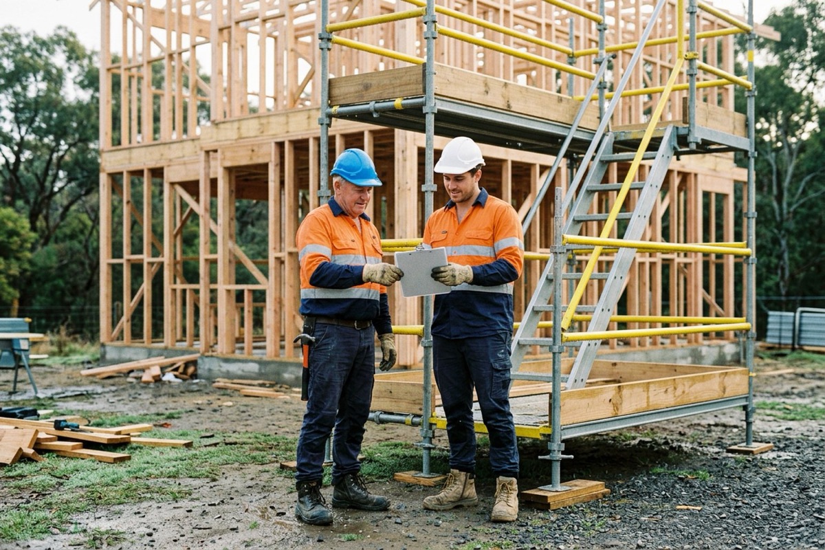 A carpenter and a supervisor discussing a safe work method statement beside a scaffold with full guardrails