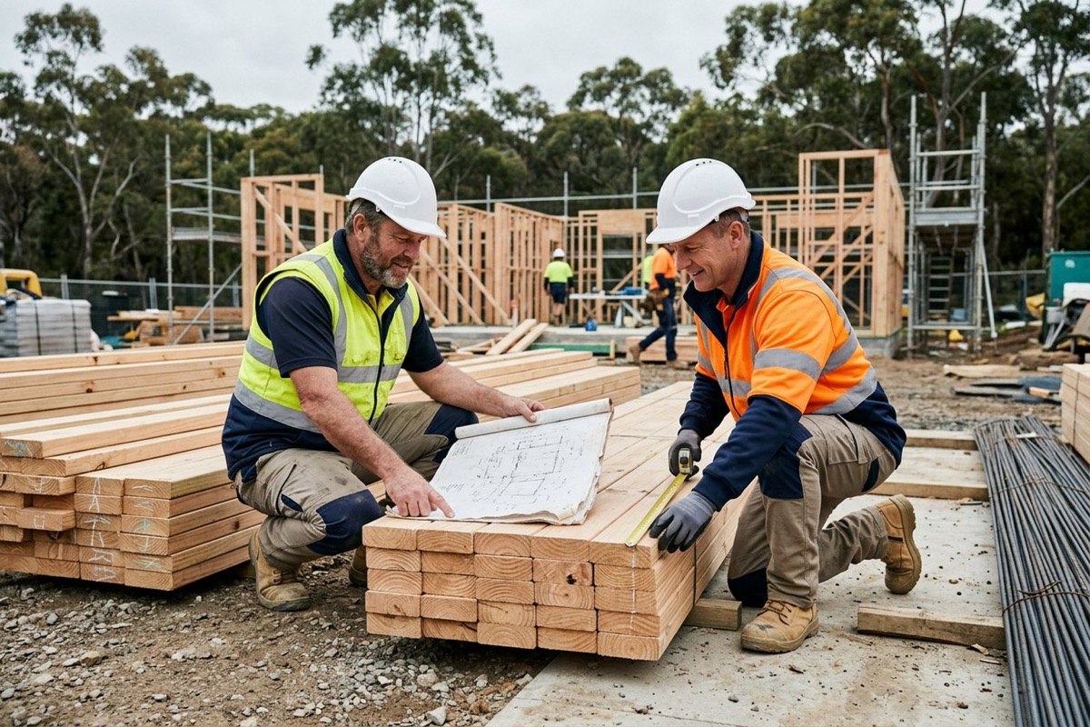 An estimator and a site supervisor comparing measured quantities on drawings with materials stacked on site