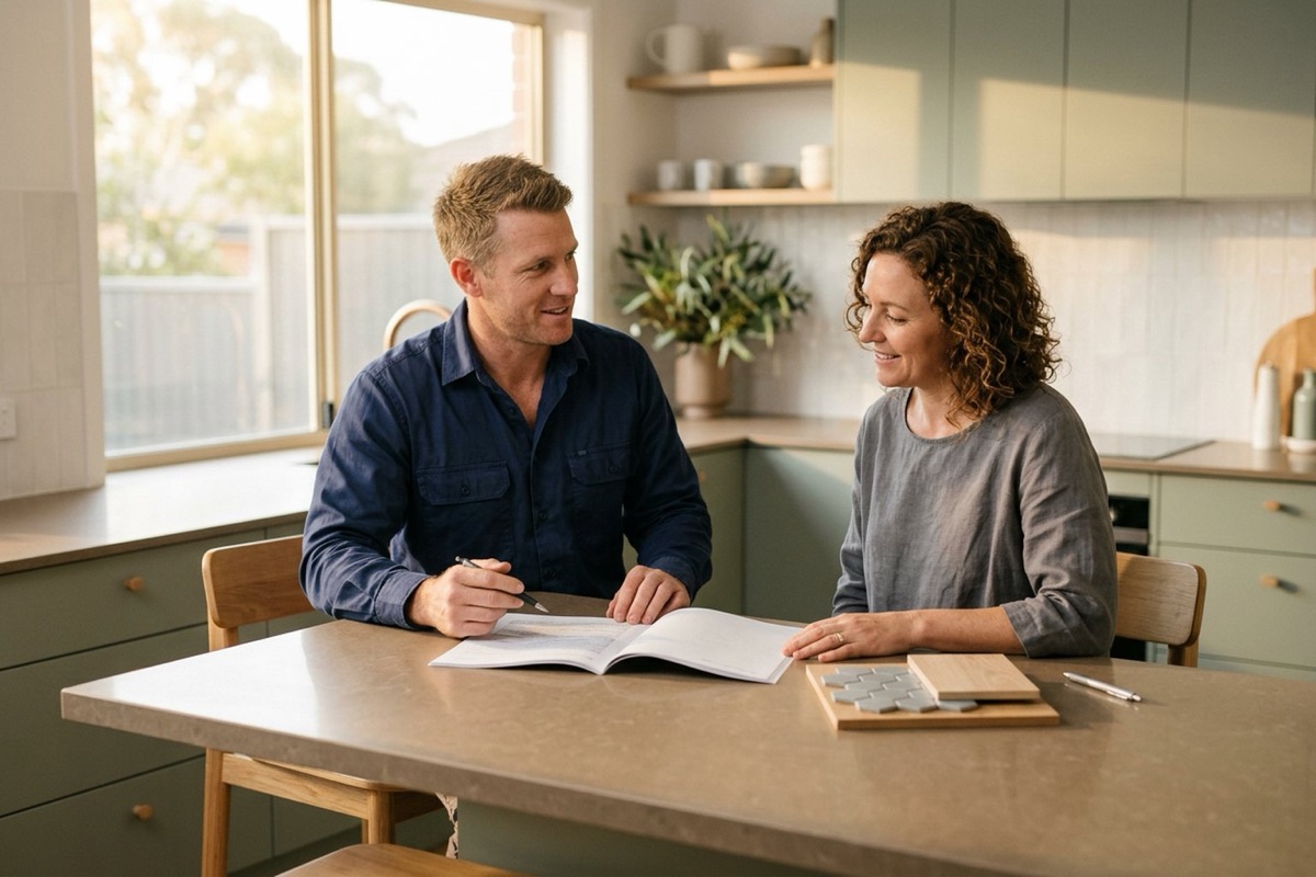 A builder talking a home owner through a written quote at a kitchen bench