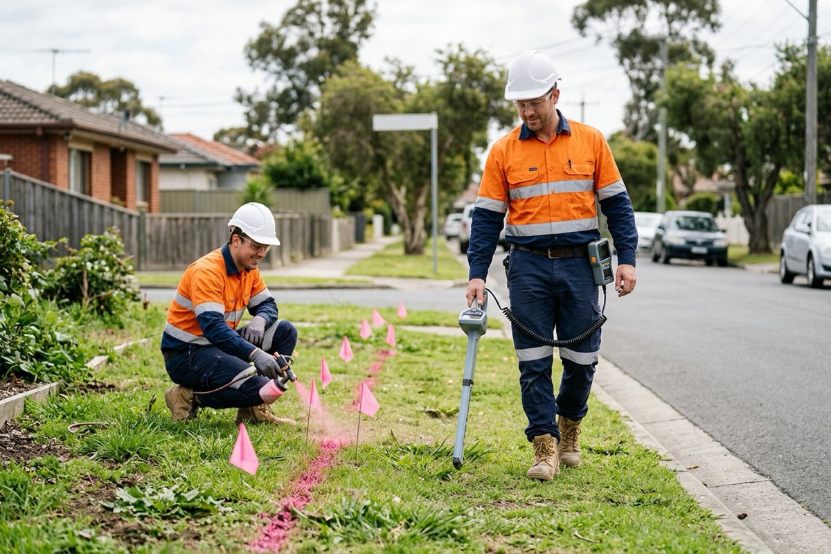 A utility locator marking underground services with spray paint before excavation starts