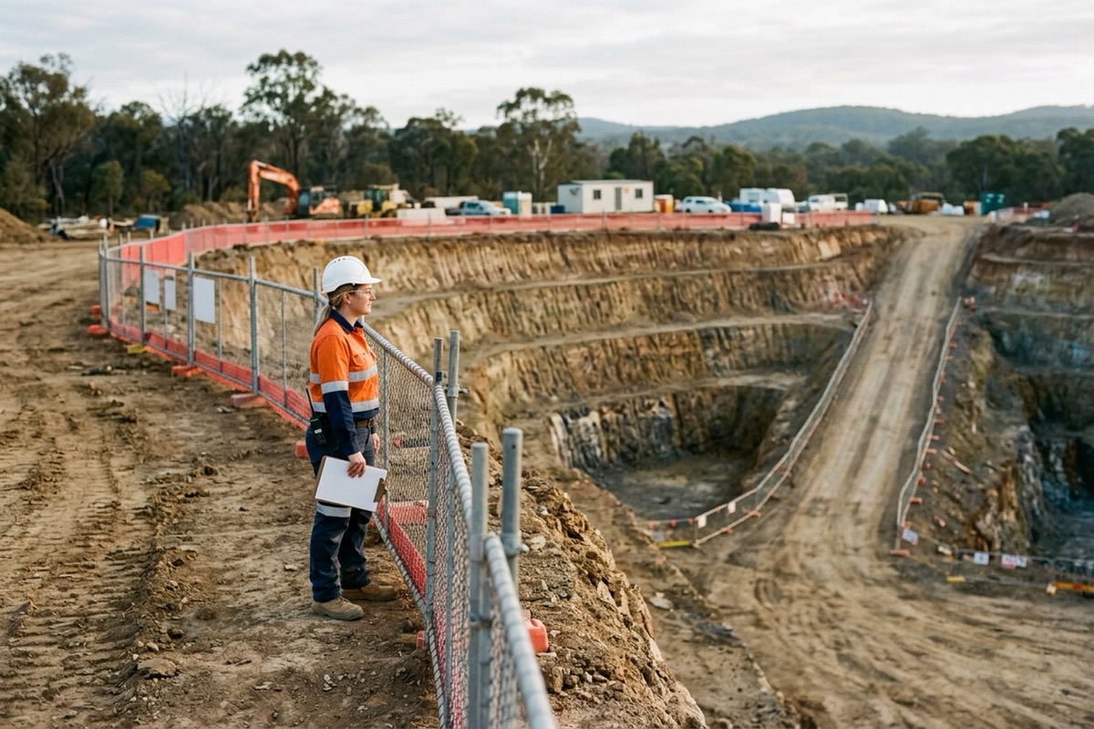 A site supervisor inspecting a benched excavation at the start of a shift