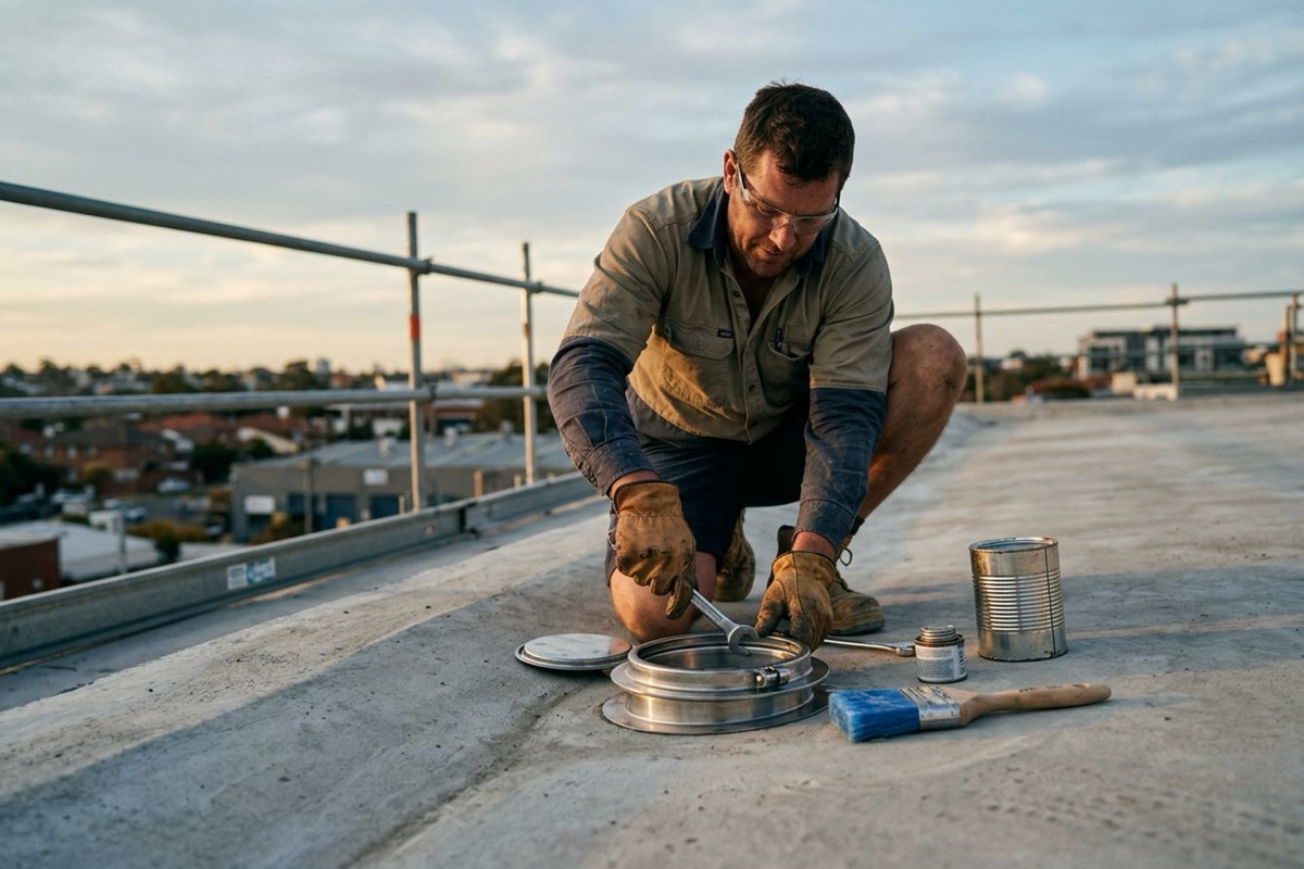 A plumber fitting a clamping-ring outlet into a sloped concrete roof slab before membrane is applied