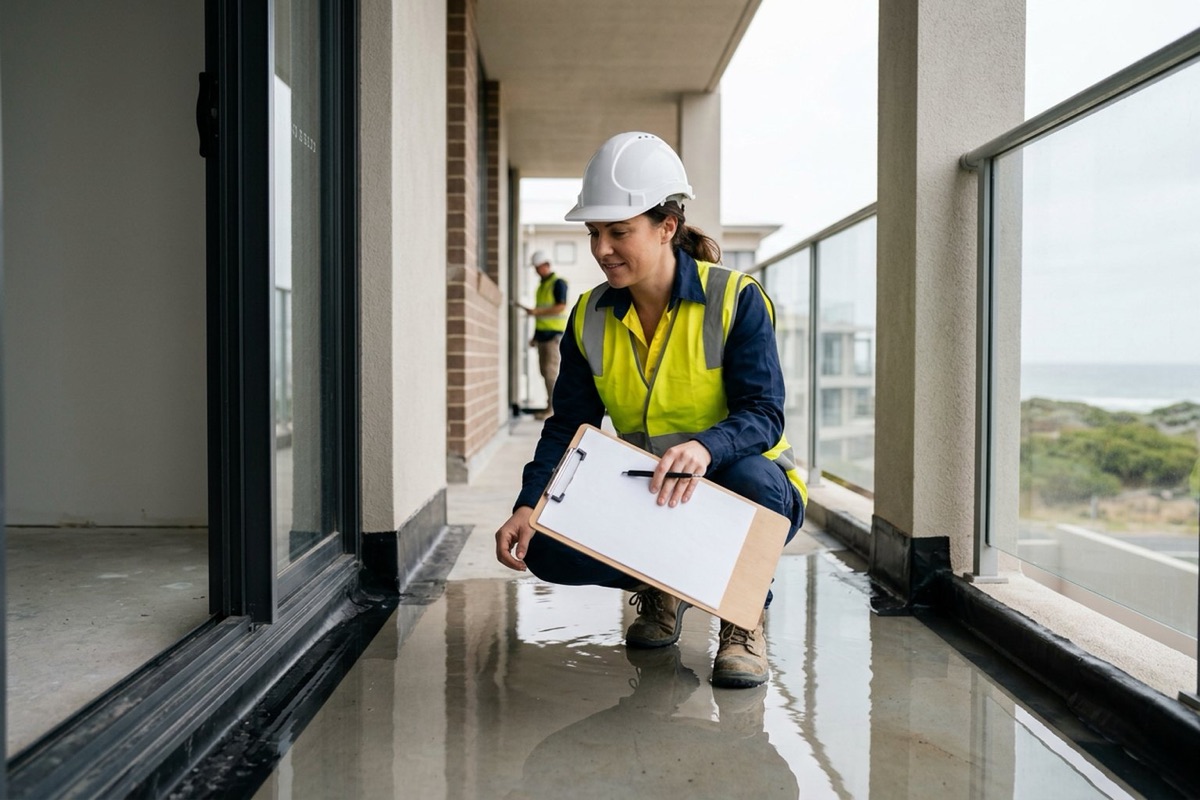 A site supervisor in a hard hat inspecting a flood-tested balcony with water held below the door sill
