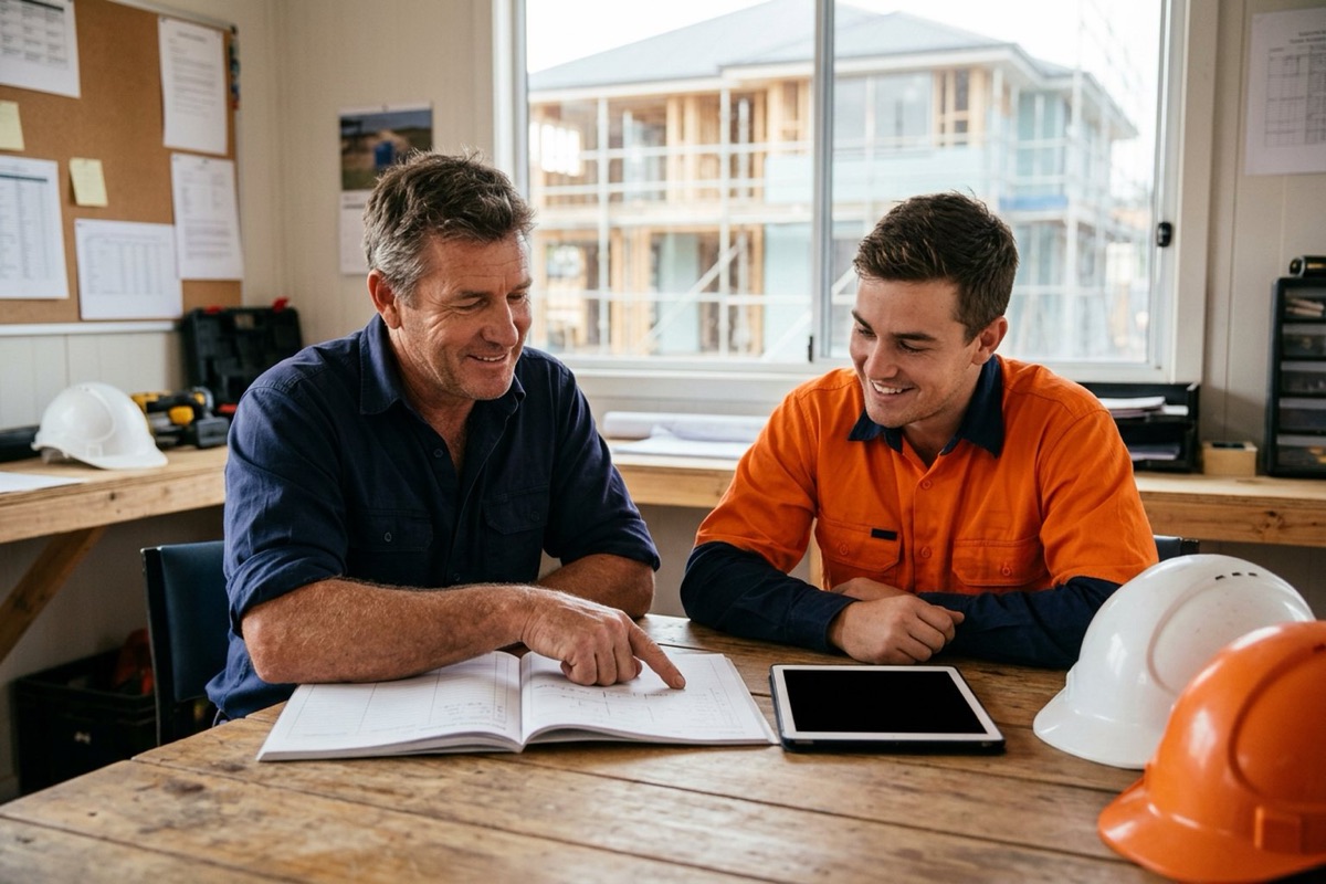 A builder and an adult apprentice reviewing the apprentice's training record book together at a site office table