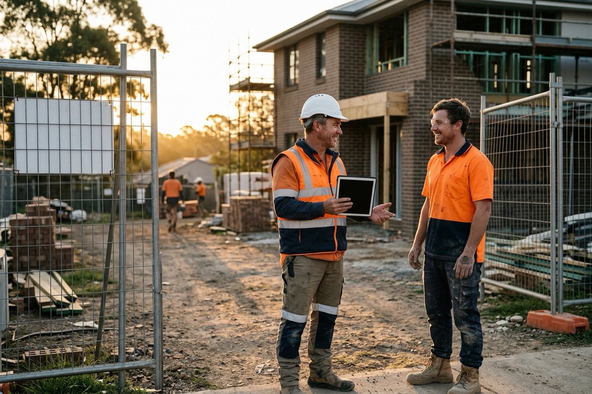 A site supervisor reviewing timesheets on a tablet with a crew member at the end of the working day