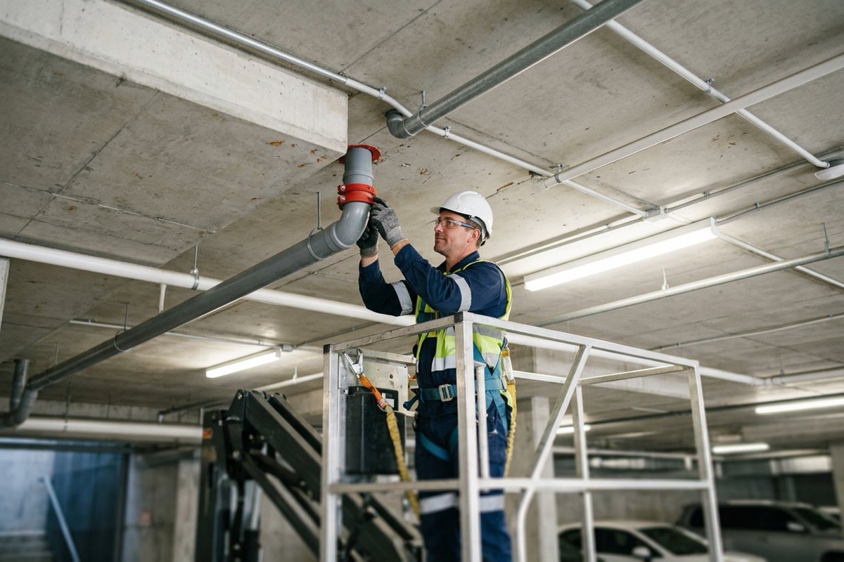 A plumber fitting a fire collar to a plastic pipe beneath a concrete slab from an elevating work platform