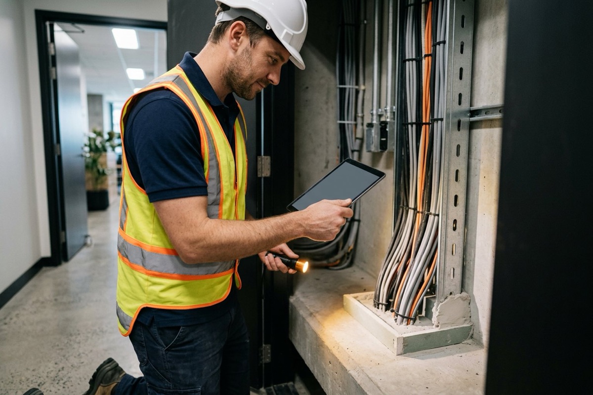 A building surveyor photographing a sealed cable tray penetration in a riser cupboard