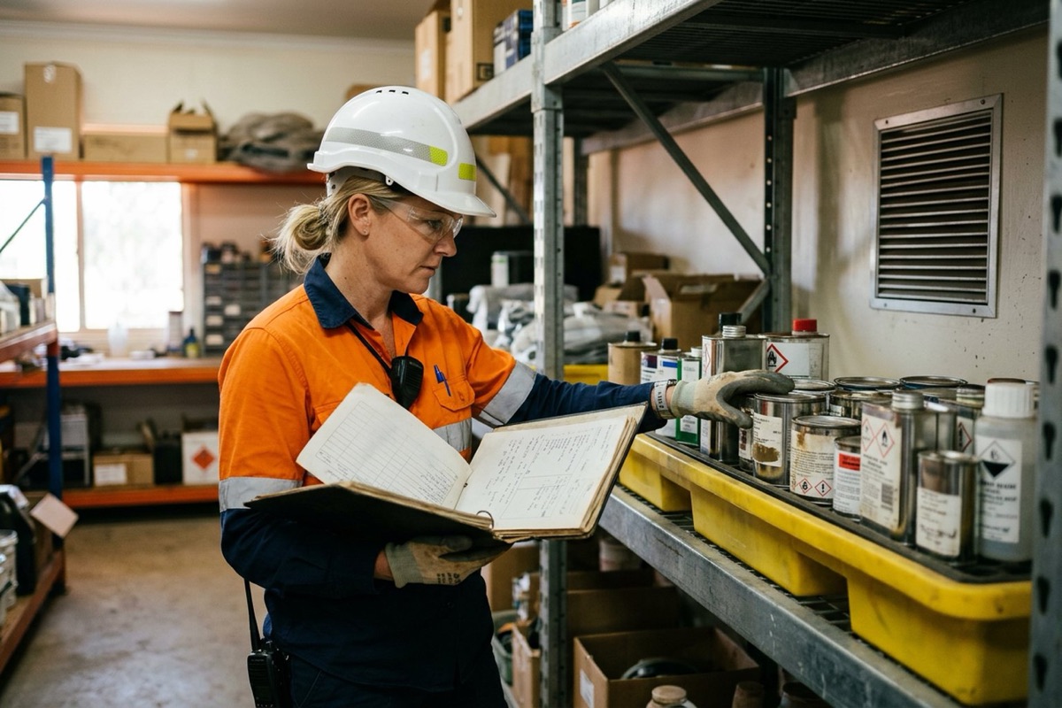 A supervisor checking chemical containers against a printed hazardous chemicals register at a site store