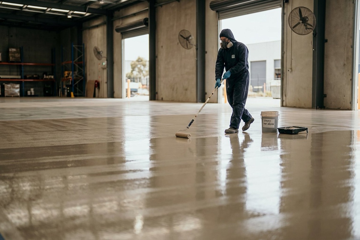 A worker in a respirator, chemical-resistant gloves and coveralls applying a two-part polyurethane floor coating in a well-ventilated room