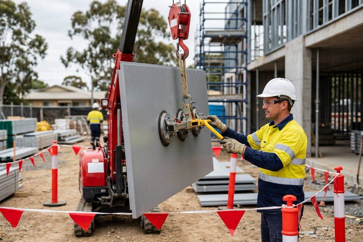 A worker using a vacuum lifting attachment to position a large panel on a construction site