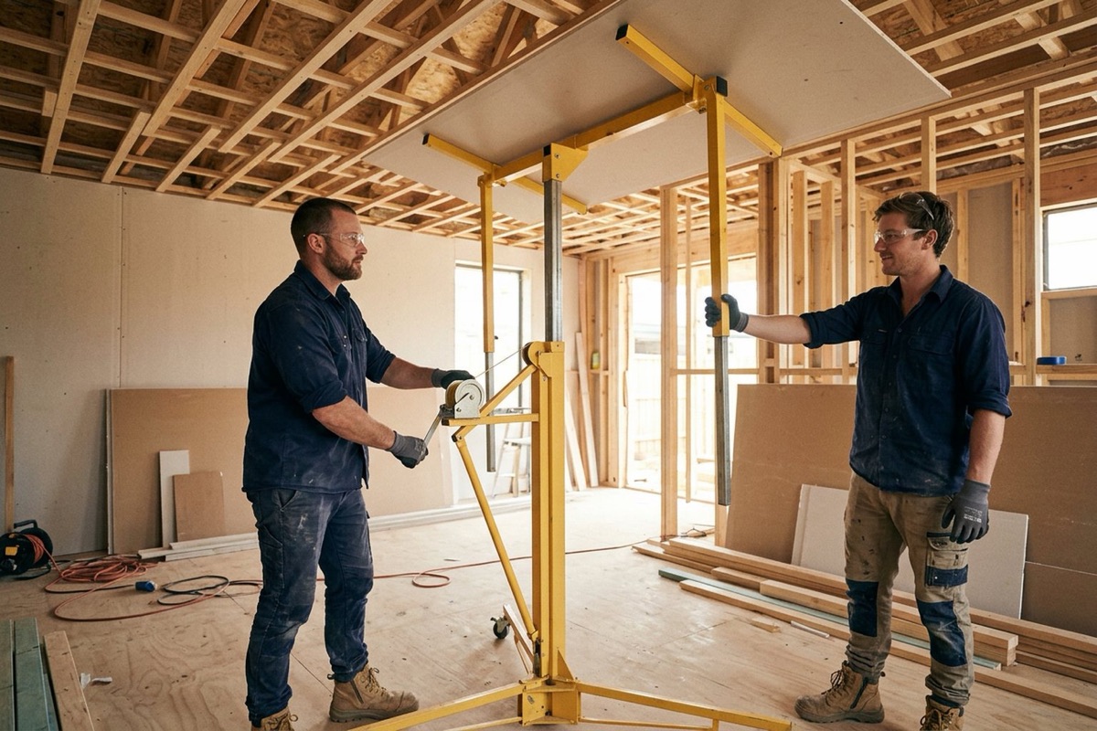 Two workers using a mechanical hoist to raise a plasterboard sheet into position on a ceiling