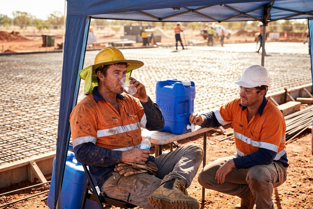 A site supervisor checking on a steel fixer drinking water in the shade during a hot morning on a concrete pour