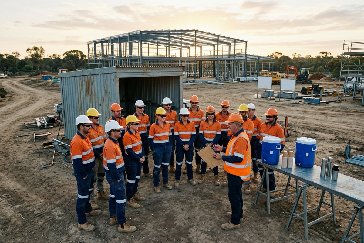 A crew at an early-morning toolbox talk in the shade of a site shed with water containers ready beside them