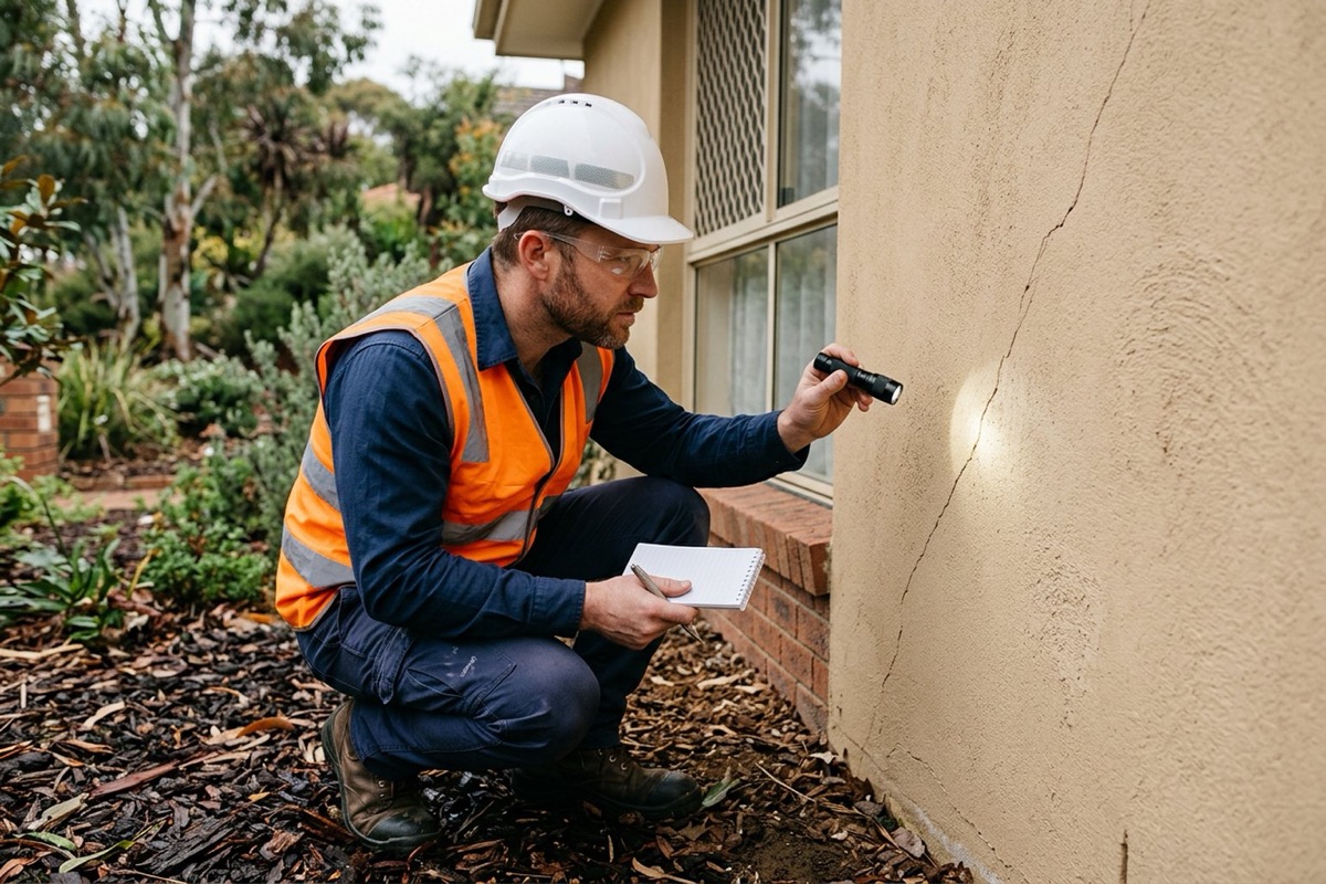 A building inspector in a hard hat and high-vis vest examining a crack in a rendered external wall with a torch, close detail, soft daylight